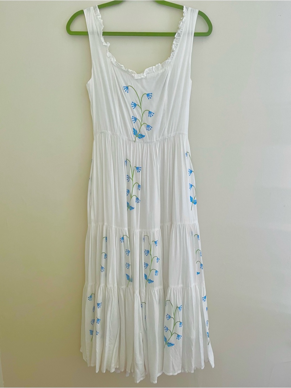 JessaKae White Midi Dress with Blue Floral Embroidery